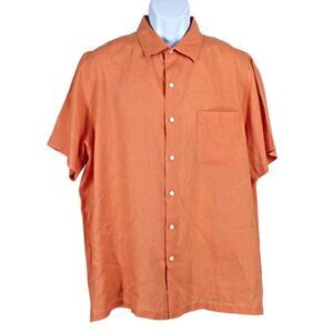 Shirt Short Sleeve Linen Button Up Casual Collared Coastal Grandpa Orange Men XL